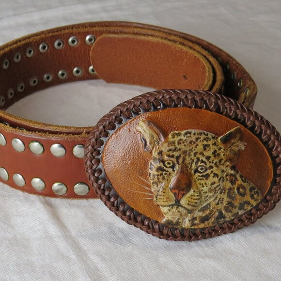 Vintage Leather Belt w/ Artisan Leather Belt Buckle Leopard Portrait Handcrafted - Picture 1 of 9